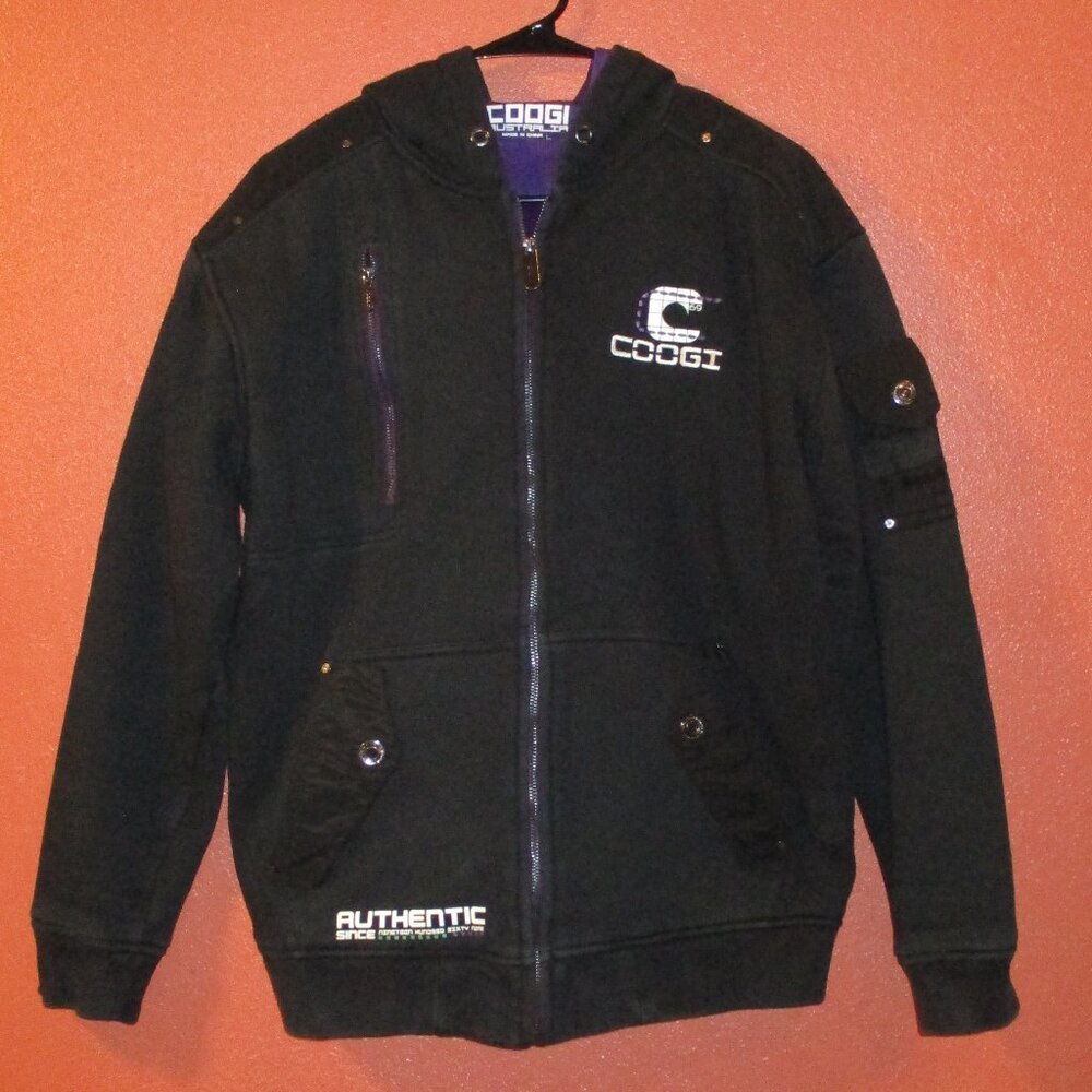COOGI Jacket Woman Large Black Purple White Full Zip Pockets Warm Hooded Jacket